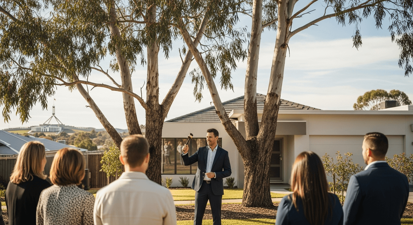 Property auction scene in Canberra with buyers and auctioneer